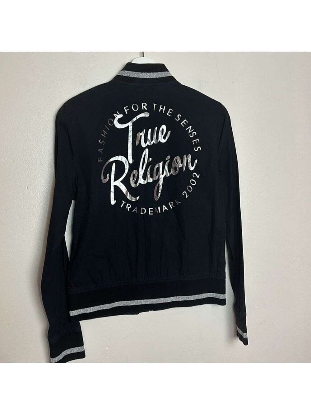 True Religion Vintage Metallic Print Lightweight Cotton Black Bomber Jacket